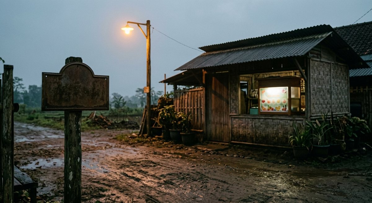 Papan nama jalan kampung tua bercat emas di atas tanah berlumpur pagi hari, lampu jalan masih menyala redup, dan gulungan simbol permainan kecil menyala di warung dekat papan nama