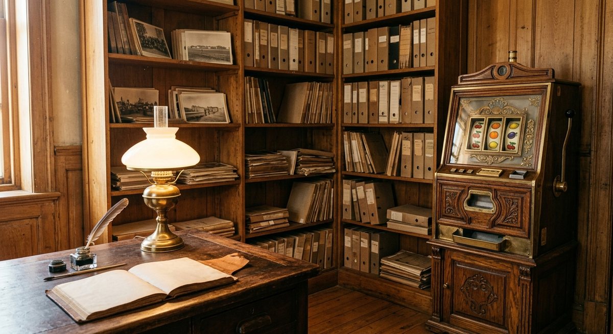 Rak arsip kayu berisi map dan foto tua di ruang baca museum kota kecil, lampu meja kuning hangat, dan gulungan simbol permainan klasik sebagai pajangan sudut