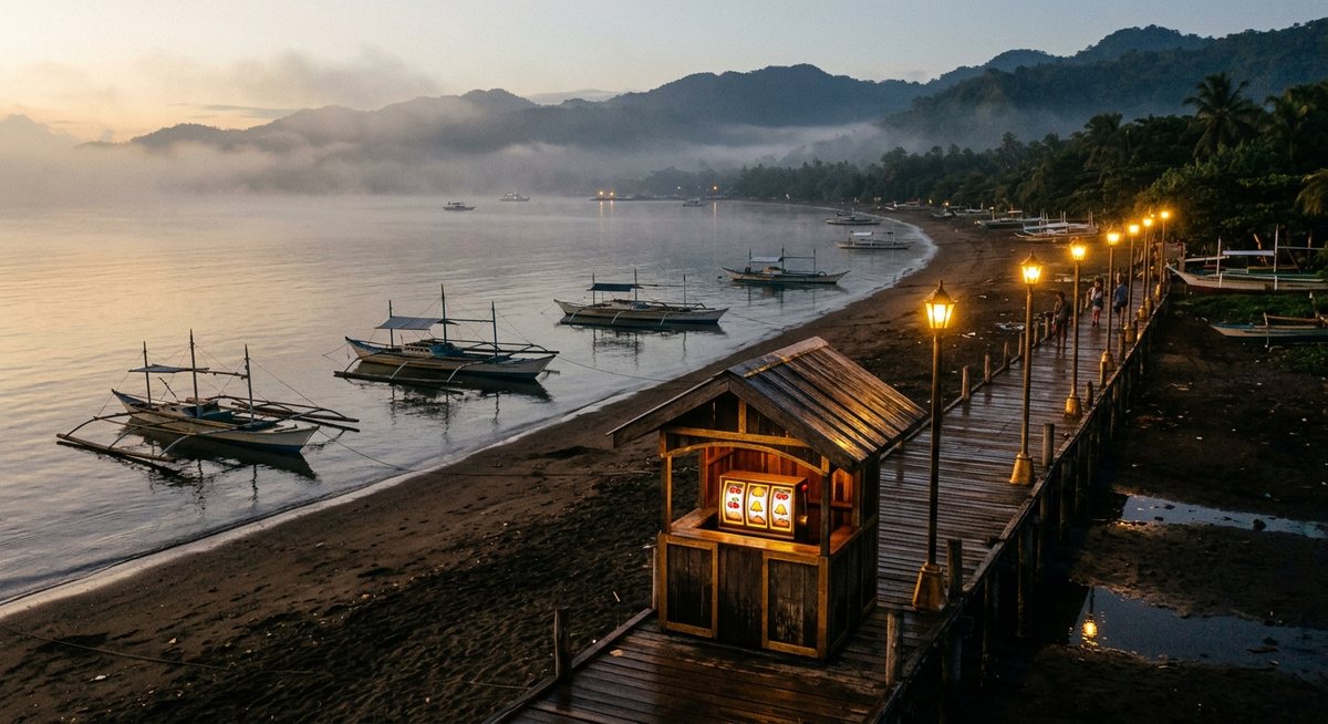 Pesisir teluk timur Indonesia pada pagi berkabut dengan perahu kecil, lampu jalan emas di dermaga, dan gulungan simbol ceri tujuh bel menyala redup di kedai kopi tepi pantai